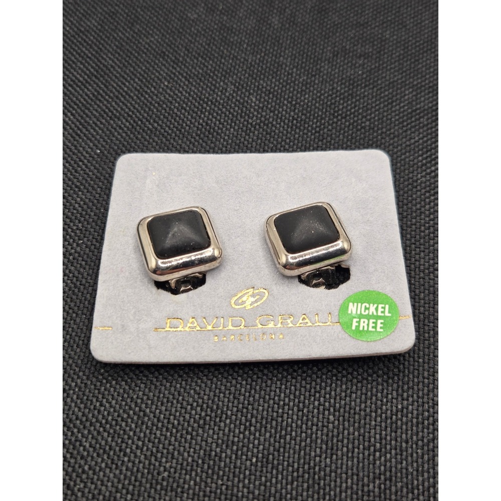 David Grau Barcelona Vintage Square Clip On Earrings Black Silver Tone Spain